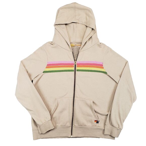 Aviator Nation 5 Stripe Hoodie Unisex 2XL Sand Pink Green Cotton Blend Full Zip